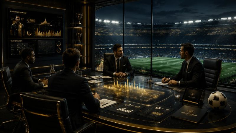 Executives meeting in a stadium suite with performance analytics on display, discussing sports management strategies.
