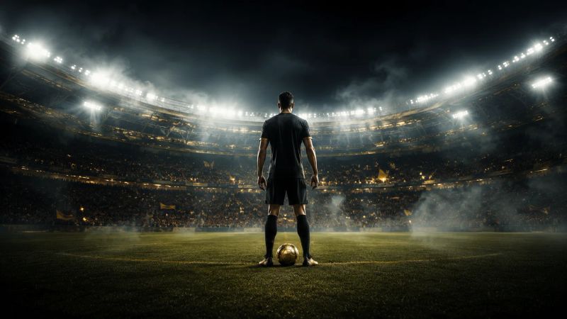 Athlete in a soccer stadium at night with dramatic lighting and a golden soccer ball.