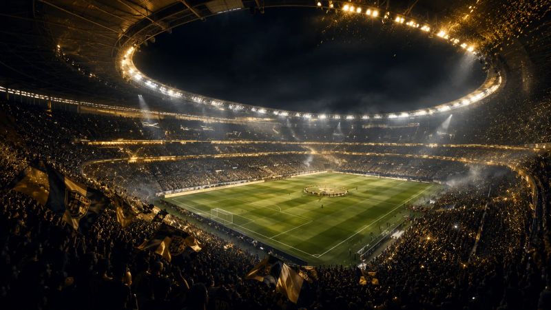 A large, illuminated stadium hosting a major soccer event with a full audience.